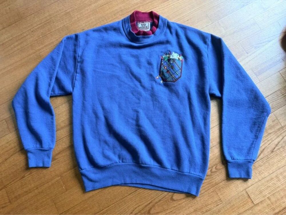 VTG 90s Top Stitch Morning Sun Sweatshirt M Blue embroidered Mouse fall leaves
